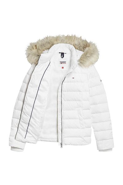 Tommy Hilfiger Women's Brand Flag Logo Fixed Hooded Quilted Padded White Coat Dw0dw08588-ybr