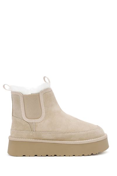 Derimod Women's Beige Thick Soled Shearling Suede Leather Boots 24Wfd 405110