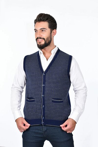 Kamalı Navy Blue Men's Steel Knit Buttoned Pocket Houndstooth Pattern Non-Pilling Knitwear Winter Sweater Vest