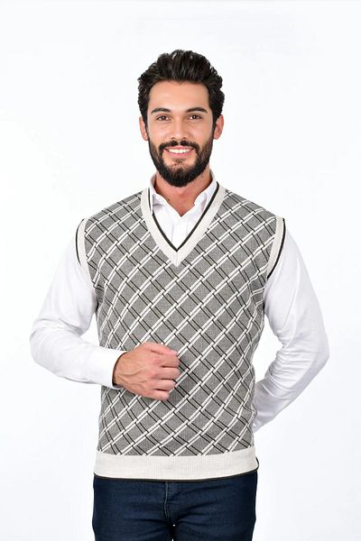 Kamalı Men's V-Neck Plaid Patterned Thick Knitwear Sweater - Non-Pilling Regular Fit