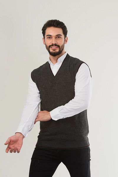 Kamalı Men's Gray V-Neck Knitwear Sweater - Hair Knit Patterned, Non-Pilling Regular Fit