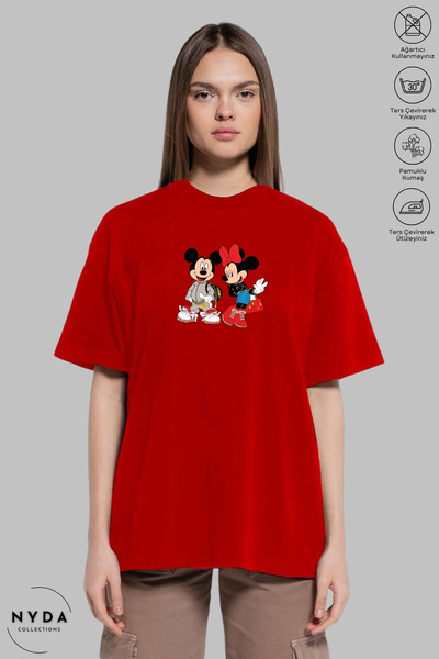 Nyda Collections Unisex Bisiklet Yaka Minnie Mickey Mouse Baskılı Pamuk Overs...