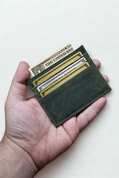 VANİLLA COLLECTİON Khaki Genuine Crazy Leather Unisex Credit Card Holder Ultra-Thin Minimal Design Silky Texture