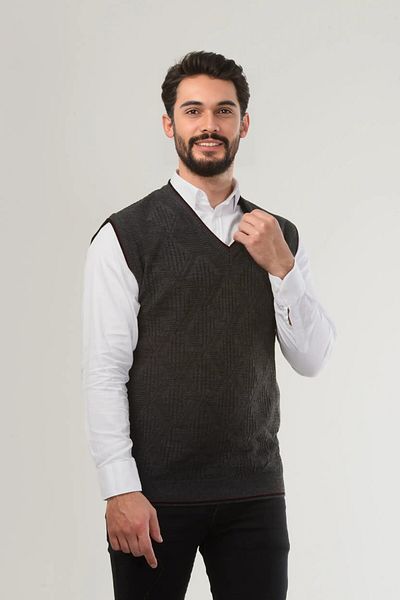 Kamalı Men's Gray V-Neck Knitwear Sweater - Hair Knit Patterned, Non-Pilling Regular Fit