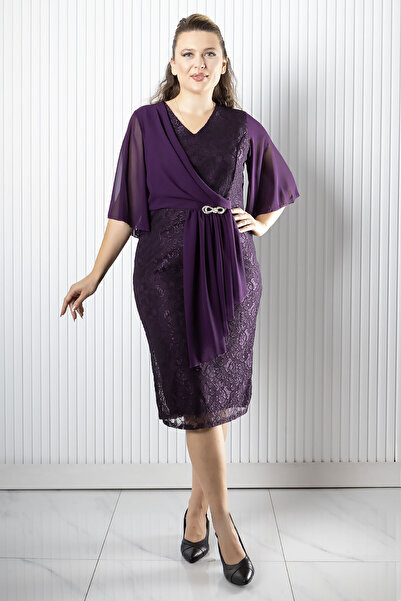 DENİMİNİ Taş Aksesuar Detaylı Şifon Dantel Etekli Büyük Beden Abiye Elbise DN...