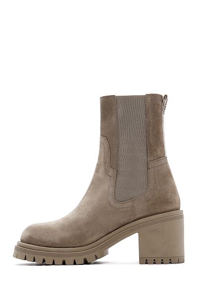 Derimod Women's Beige Chelsea Heeled Suede Leather Boots 24Wfd183510
