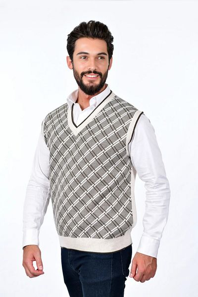 Kamalı Men's V-Neck Plaid Patterned Thick Knitwear Sweater - Non-Pilling Regular Fit