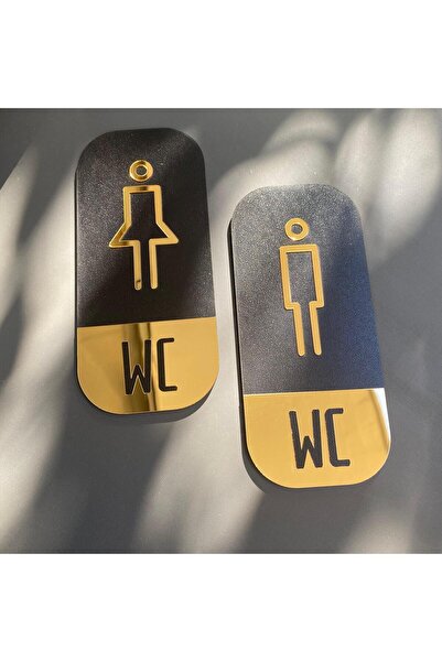Yönline Wc Tabela Seti Gold Ayna Kadın & Erkek Siyah Mdf Üzerine Pleksi Tasarım Kendinden Yapışkanlı 9x20 Cm