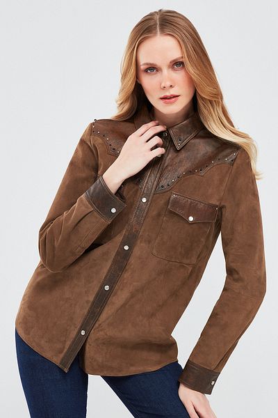 Derimod Western Women's Brown Shirt Style Suede Leather Jacket 24Sgd519610