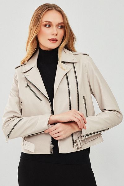 Derimod London Women's Beige Biker Leather Jacket 23Wgd5146Ve