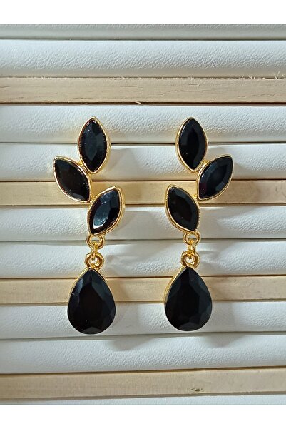 mos&more Siyah Gold Kristal Taşlı Yaprak Küpe