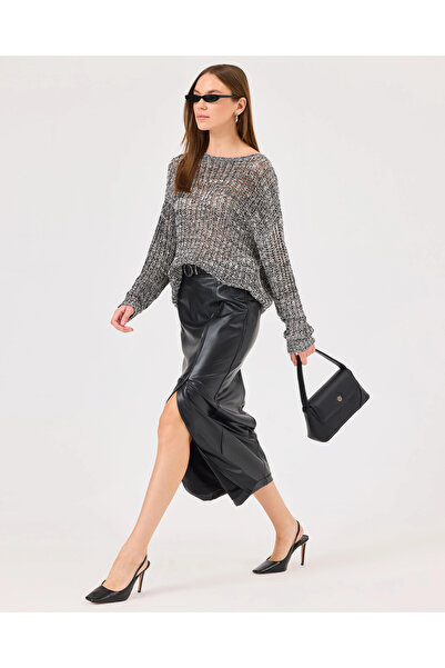 SEÇİL Faux Leather Skirt - Slit Detail