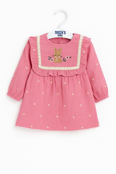 Necix Kırmızı Bisiklet Yaka Uzun Kollu 0-2 yaş Nakış desenli Kız Elbise