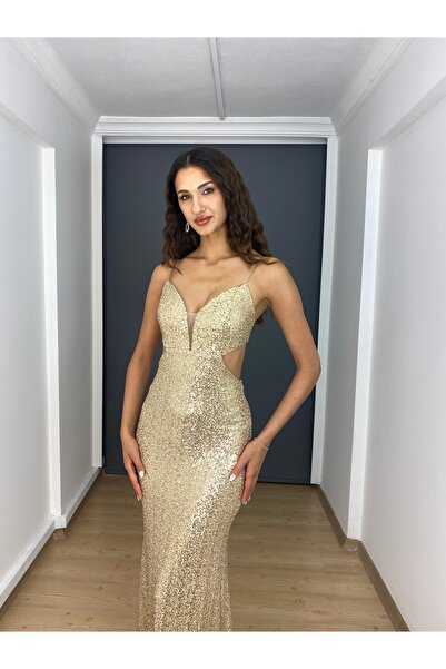 gökkuşagı moda Gold Payet Sırt Dekolteli Uzun Abiye Elbise