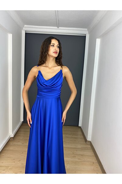 gökkuşagı moda Sax Saten A Kesim Değaje Yaka Zincir Askılı Uzun Abiye Elbise