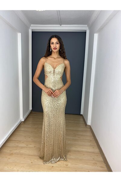 gökkuşagı moda Gold Payet Sırt Dekolteli Uzun Abiye Elbise
