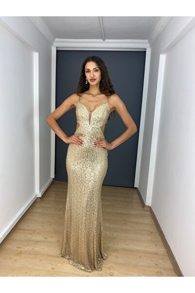 gökkuşagı moda Gold Payet Sırt Dekolteli Uzun Abiye Elbise