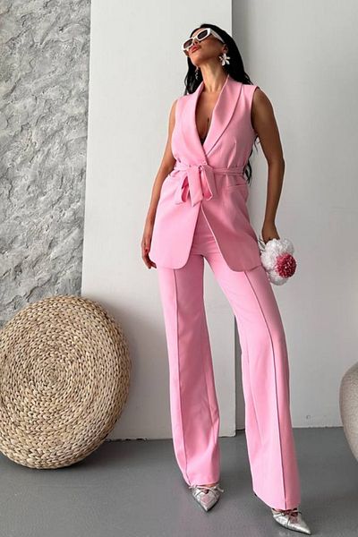 spirituel Women's Double Bottom Top Set Stylish Belted Pocket Detailed Vest Pants Set