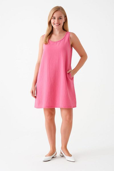 enmodaiçgiyim Pink 100% Cotton Muslin Fabric Short Women's Dress with Pockets – Summer Comfortable Casual Dress