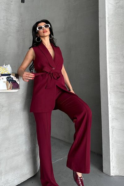 spirituel Women's Double Bottom Top Set Stylish Belted Pocket Detailed Vest Pants Set