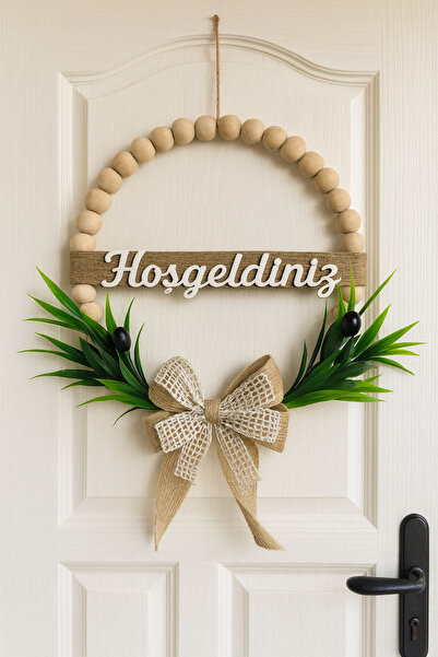 rosfloa rf Doğal Ahşap Boncuklu Zeytin Dalı Bohem Özel Tasarım Kapı Süsü Dekor (28 Cm)