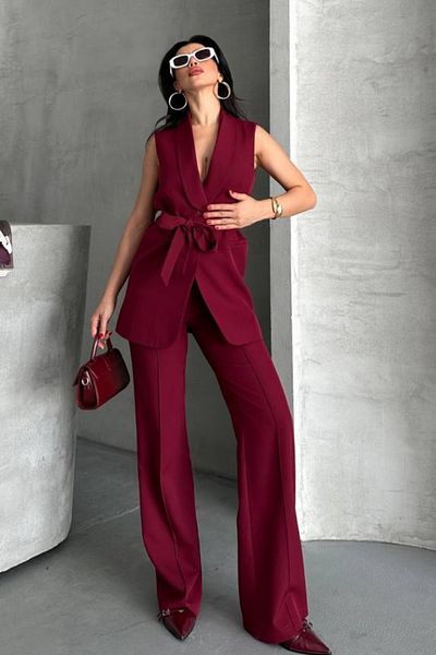 AKD Atelier Women's Double Bottom Top Set Stylish Belted Pocket Detailed Vest Pants Set