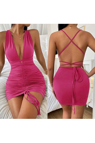 hipnoz butik Kadın sırt dekolteli asansör büzgülü mini elbise