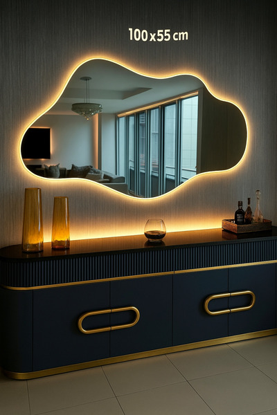 Lamra Dizayn Led'li Asya Ayna 100*55 Cm, Pilli Kablosuz Moderm Dekoratif Duvar Aynası