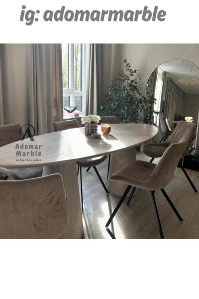 adomarmarblehandmadeandluxury Traverten Yemek Masası, Konik Ayak, Elips Tabla...