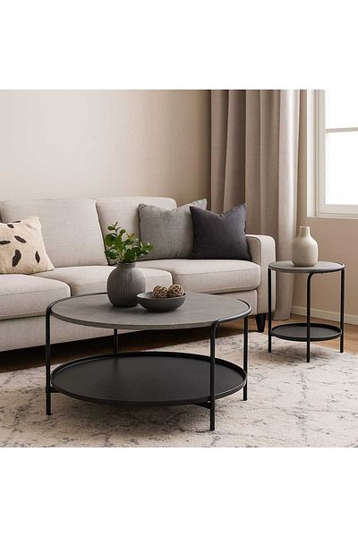 PixelsFurniture Pixel Furniture 2-Tier Round Side Coffee Table with Wood Top, Lower Shelf and Metal Ends