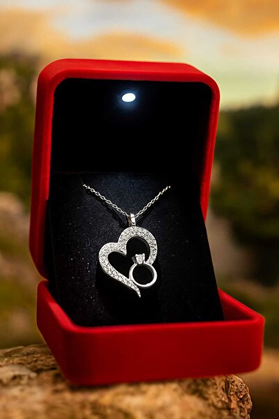 KAR DİAMOND 14 Ayar Altın Zincirli Zirkon Taşlı Kalpli Yüzük TekTaş Kolye - S...