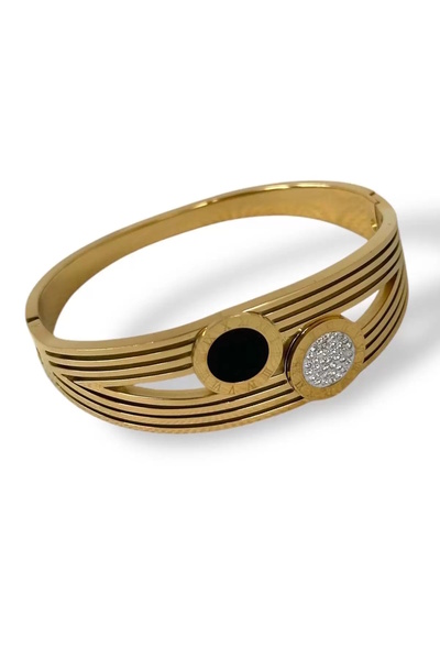 CAŞ DEKORASYON Gold Color Roman Numeral Figured Stone Steel Handcuff Bracelet