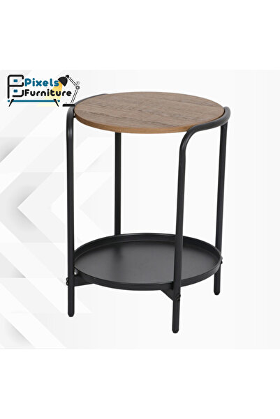 PixelsFurniture Set of 2 Round Side Tables 2 Tiers by Pixel Furniture for Coffee with Wood Top, Bottom Shelf and Metal Ends