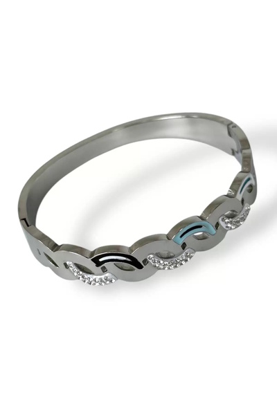CAŞ DEKORASYON Silver Color Stoned Steel Handcuff Bracelet