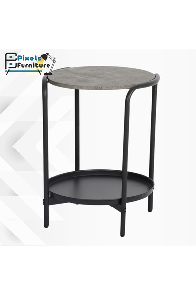 PixelsFurniture Pixel Furniture 2-Tier Round Side Coffee Table with Wood Top, Metal Bottom Shelf and Metal Ends