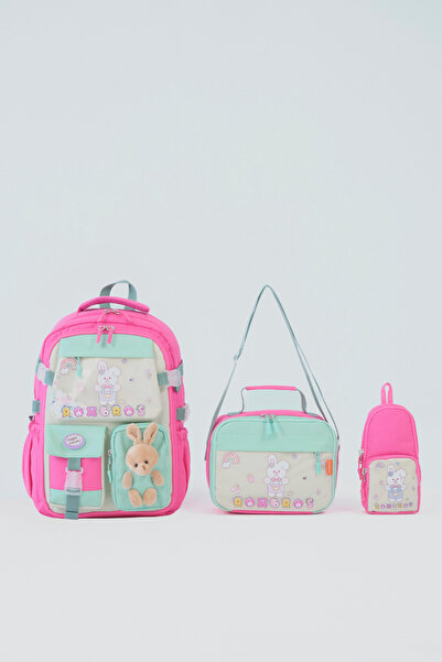 Roxbros Tavşan Kore Tarzı 3'lü Kız Çocuk Okul Çantası Seti - Kalemlik ve Termal Beslenmeli İlkokul Çantası