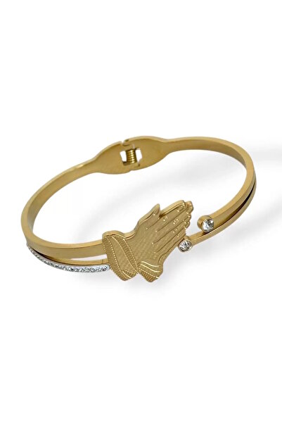 CAŞ DEKORASYON Gold Color Hand Figured Stone Steel Handcuff Bracelet