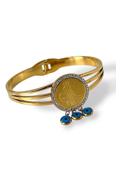 CAŞ DEKORASYON Gold Color Tuğra Figured Evil Eye Beaded Steel Handcuff Bracelet