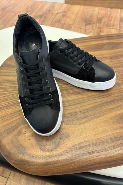 Paulo حذاء رياضي رجالي من جلد الغزال الأسود LUÍS 4226 بنعل أبيض وجلد طبيعي - ...