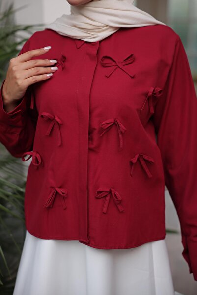 Nergis Neva Butik Closed Patch Bow Poplin Short Shirt