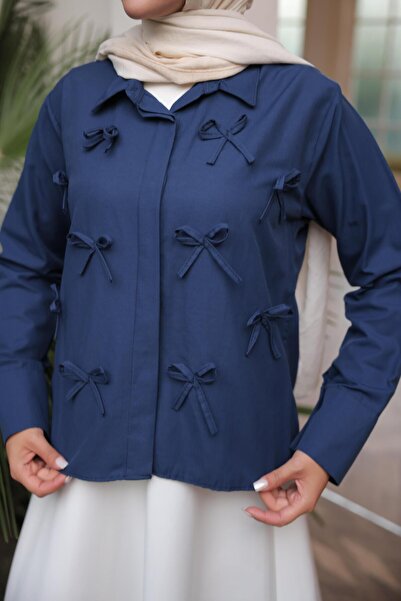 Nergis Neva Butik Closed Patch Bow Poplin Short Shirt