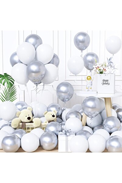 BALON DİYARI 10Pcs Silver & White Balloon Set – Elegant and Stylish Party Decor