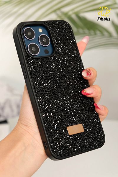 Fibaks Apple iPhone 15 Pro Max Case with Velvet Diamond Design Inside Black Stone Sparkling Diamond Silicone Cover