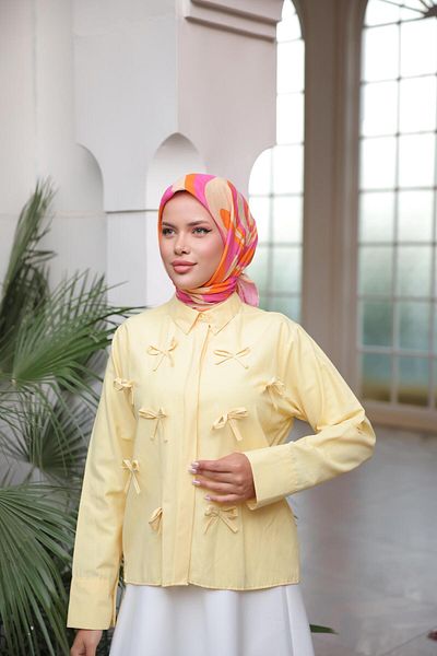 Nergis Neva Butik Closed Patch Bow Poplin Short Shirt
