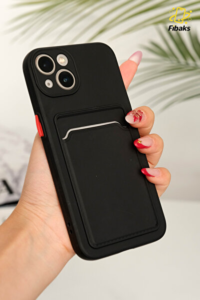 Fibaks Apple Iphone 13 Uyumlu Kılıf Kamera Korumalı Kartlıklı Cüzdanlı Tuşlu Siyah Silikon Kapak