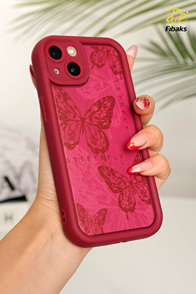 Fibaks Apple iPhone 13 Kılıf Yumuşak Dokulu Kelebek Desenli Yumuşak Kamera Korumalı Mürdüm Silikon Kapak