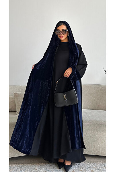 outline Navy blue multi-fabric winter abaya with A-line design and velvet