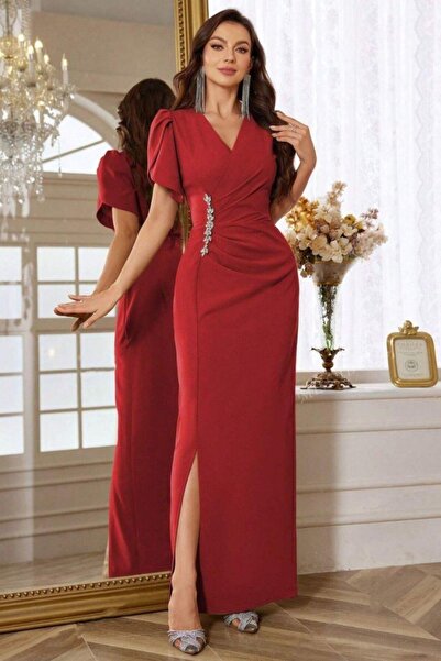 Mossta Βραδινό φόρεμα με λεπτομέρεια από πέτρα άνοιγμα διπλό πέτο - Κόκκινο