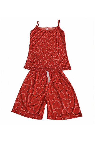 DERENE Milan Red Heart Patterned Women's Shorts Pajama Set with Stylish Design