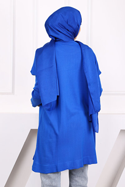 İmajButik Saks Blue Crew Neck Mercerized Casual Knitwear Tunic